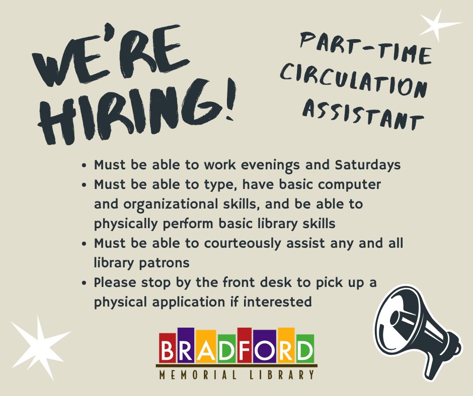 ElDoradoLibrary's tweet image. Bradford  Memorial Library is excited to announce that we are looking for  part-time help! If interested, please read the requirements below and  stop by the front desk to pick up an application.