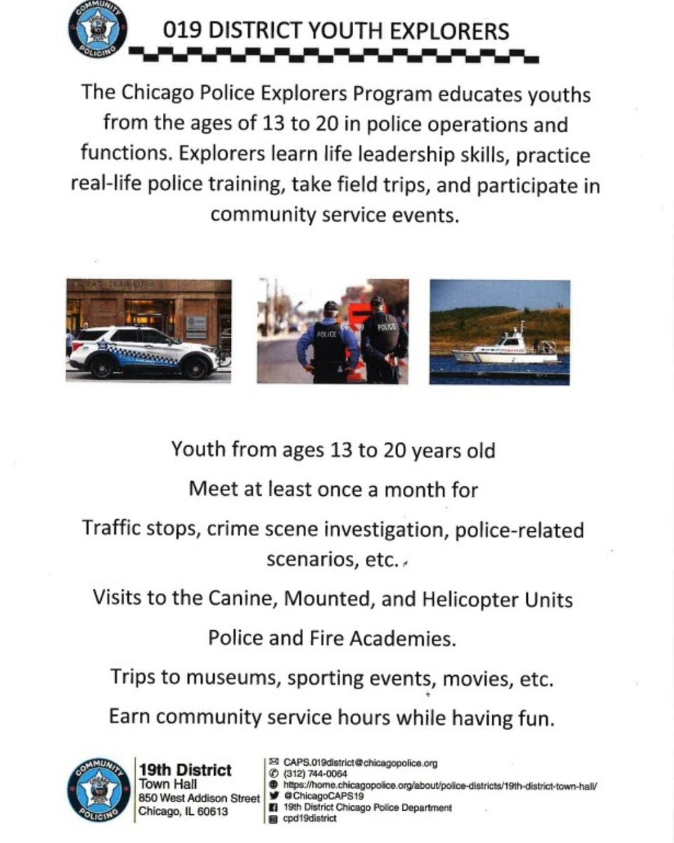 ChicagoCAPS19's tweet image. Contact our office for info on the 19th District Youth Explorers program! #YouthProgram #CPD #ChicagoPolice