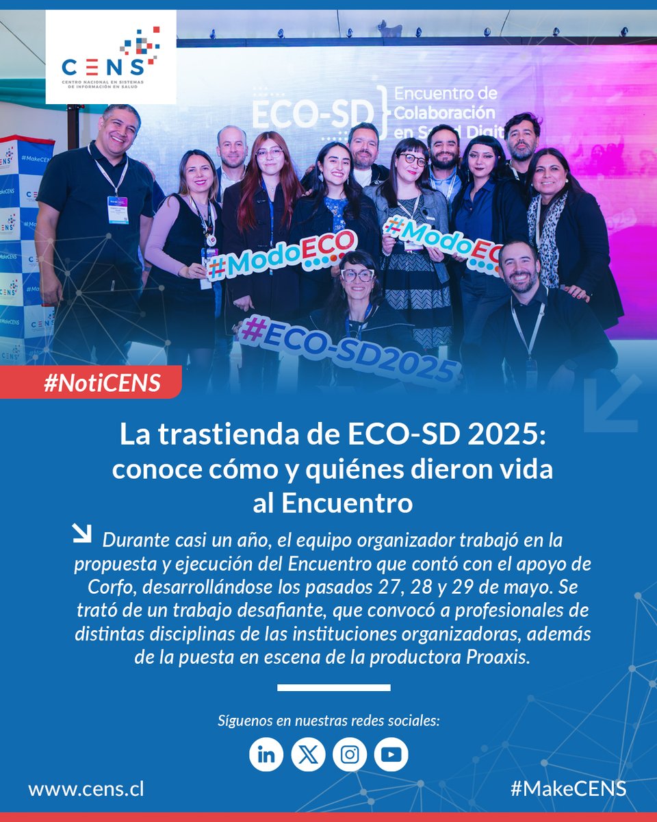 🎉 ¡A casi un mes del Encuentro #ECO_SD2025, queremos reconocer al equipo que hizo posible esta gran experiencia!

Conoce más sobre lo que ocurrió tras bambalinas en la nota que preparamos 👉🏼 cens.cl/detras-de-eco-…