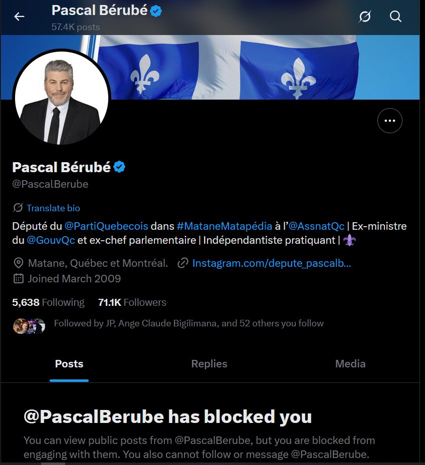 Martin Charron (@martcharron) on Twitter photo <a href="/APouliotPCQ/">Adrien Pouliot</a> M. Bérubé m'a bloqué, il ne semble pas avoir aimé ma réponse:
Avant de faire la morale, Pascal Bérubé devrait balayer devant sa porte.
Éric Duhaime a reconnu un retard de paiement — pour aider un ami en difficulté —, a assumé ses responsabilités et a tout remboursé avec <a href="/APouliotPCQ/">Adrien Pouliot</a> M. Bérubé m'a bloqué, il ne semble pas avoir aimé ma réponse:
Avant de faire la morale, Pascal Bérubé devrait balayer devant sa porte.
Éric Duhaime a reconnu un retard de paiement — pour aider un ami en difficulté —, a assumé ses responsabilités et a tout remboursé avec