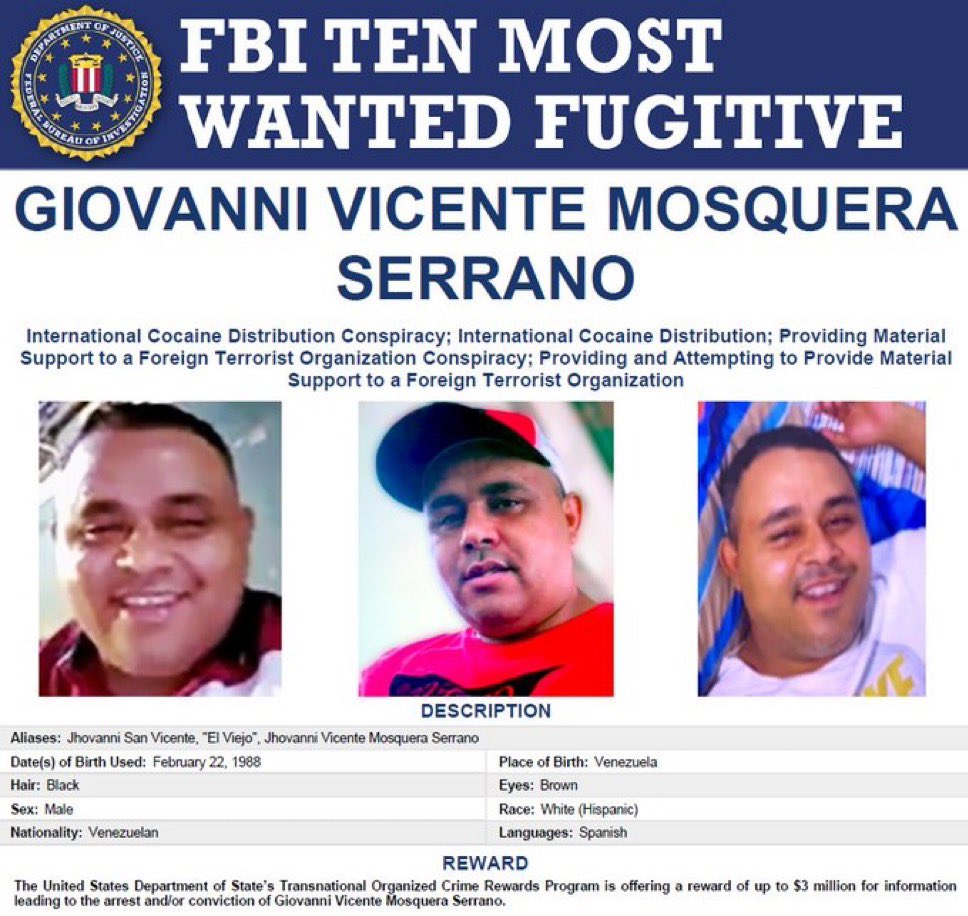 eduardomenoni's tweet photo. 🚨| ÚLTIMA HORA: Estados Unidos ofrece una RECOMPENSA DE 3 MILLONES DE DÓLARES por Giovanni Mosquera Serrano, el segundo al mando de Tren de Aragua en todo el mundo y el líder de operaciones en los Estados Unidos. 🔥 ¡Estos terroristas chavistas no tendrán donde esconderse! https://t.co/hrY6ZVBbWN