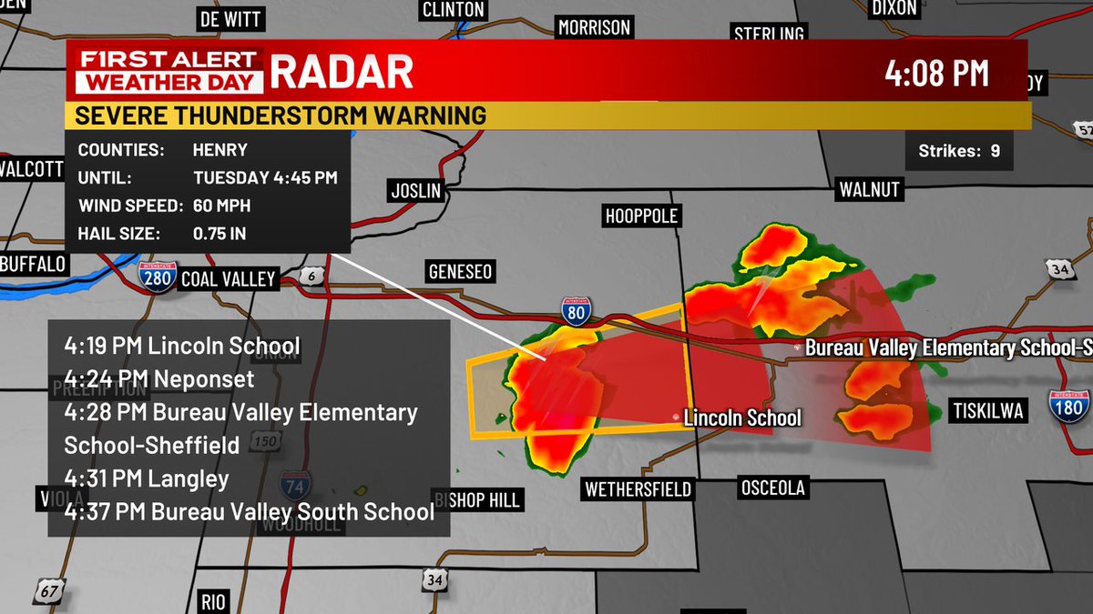 SEVERE THUNDERSTORM WARNING in effect until 4:45 p.m. A severe thunderstorm was located over German Corner, or 7 miles east of Cambridge, moving east at 25 mph. Threats: 60 mph wind gusts and penny size hail.