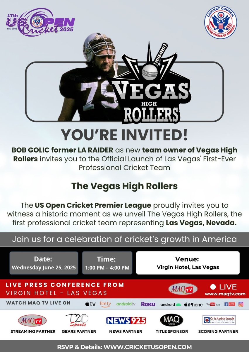CcusaInfo's tweet image. Big News from Las Vegas!
Join us as BOB GOLIC, former LA Raider and proud new owner, unveils the Vegas High Roller, the first-ever professional cricket team in Las Vegas!

📍 Virgin Hotel, Las Vegas
📅 Wednesday, June 25, 2025
🕐 1:00 PM – 4:00 PM

#VegasHighRollers#USOpenCricket