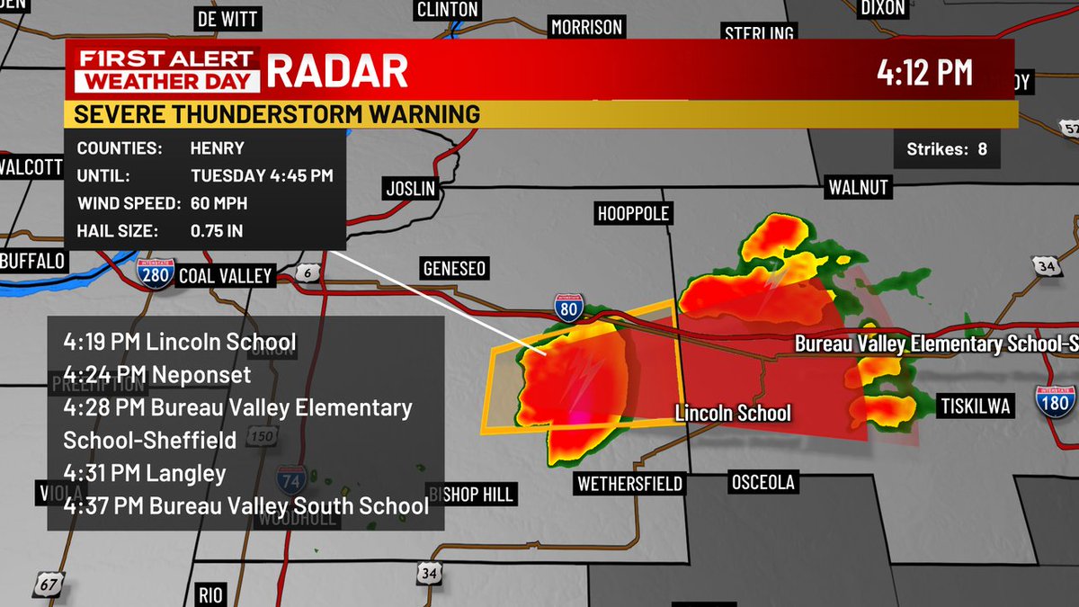 SEVERE THUNDERSTORM WARNING in effect until 4:45 p.m. for Henry county, IL. A severe thunderstorm was located over German Corner, or 7 miles east of Cambridge, moving east at 25 mph. Threats: 60 mph wind gusts and penny size hail.