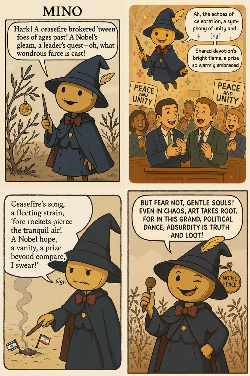 Trump gets a Nobel Peace Prize nom for his *checks notes* 12-hr ceasefire? 🕊️ Mino finds the humor in global politics! 😂 #satire #news #Trump #Israel #Iran #PeacePrize Just needs a crown of wilted olive branches! 🫒

Inspired by: api.sumatman.ai/s/Wwu298g