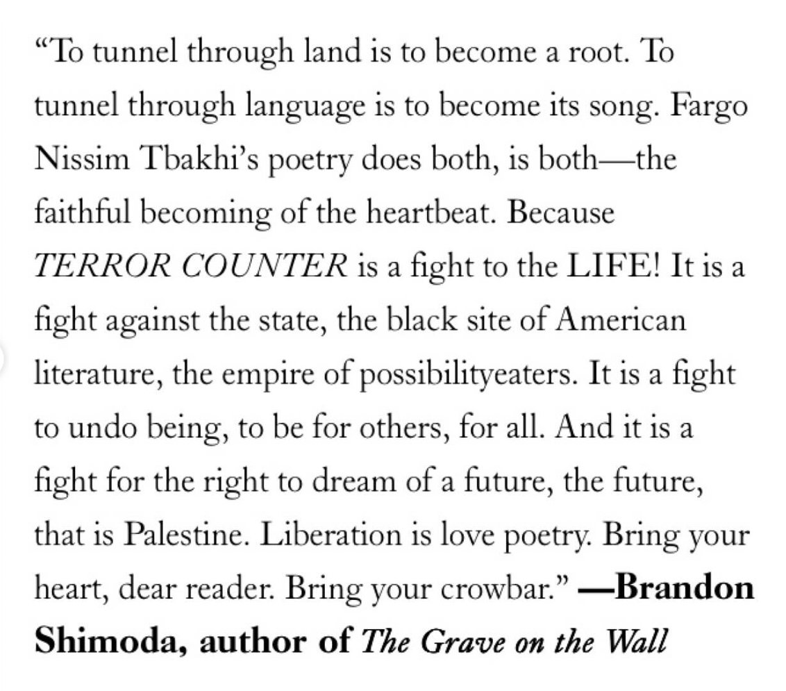 ☀️ 🌤 ⛅️ 🌥 (@brandonshimoda) on Twitter photo I wrote a few words about Fargo Tbakhi's TERROR COUNTER, new <a href="/DeepVellum/">Deep Vellum</a>. Get yours <a href="/Workshops4Gaza/">Workshops4Gaza</a>'s store <a href="/openpoetrybooks/">Open Books: A Poem Emporium</a>: I wrote a few words about Fargo Tbakhi's TERROR COUNTER, new <a href="/DeepVellum/">Deep Vellum</a>. Get yours <a href="/Workshops4Gaza/">Workshops4Gaza</a>'s store <a href="/openpoetrybooks/">Open Books: A Poem Emporium</a>: