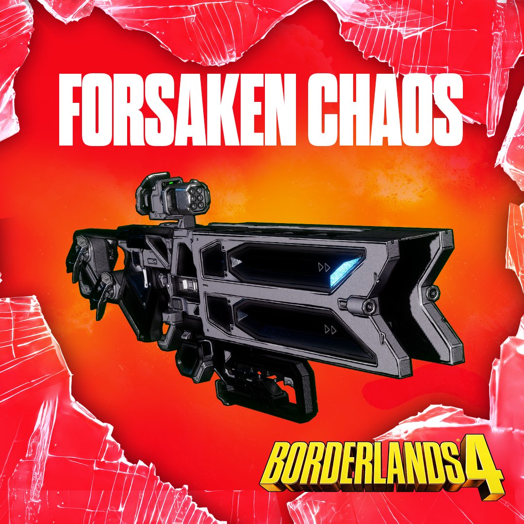 Borderlands's tweet photo. THE COMMUNITY HAS SPOKEN. This gun is officially dubbed... FORSAKEN CHAOS!!! Would hate to be on the receiving end of that 😱

Thanks to everyone who voted &amp; we'll share more deets on how to claim it closer to launch https://t.co/eQ4o36LFEj