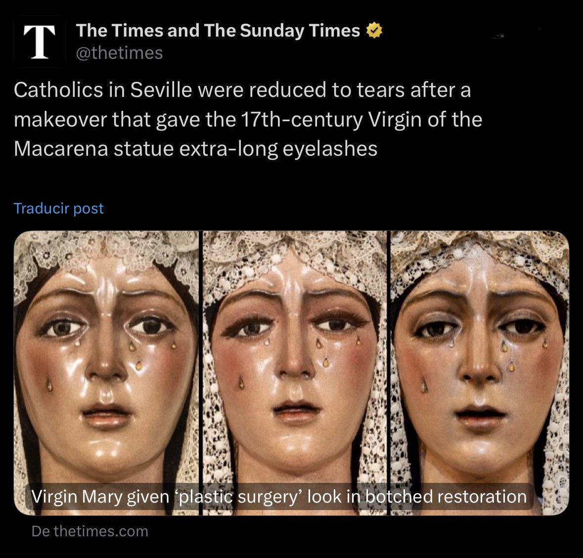 🟢 The controversial intervention on the image of Our Lady of Hope #Macarena has become a matter of global interest.

📰 "The times" 🇬🇧