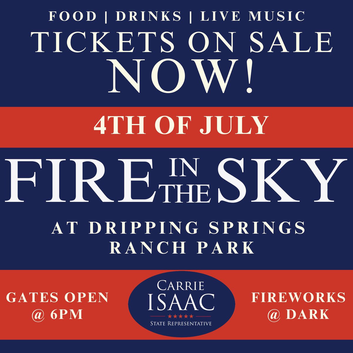 CarrieIsaac's tweet image. TICKETS ARE NOW ON SALE!!
Join me and my family for the 14th annual 4th of July Fire in the Sky celebration!
From parades in the morning to fireworks at dusk, we have a jam-packed day of celebrating the blessing it is to be an American—and looking ahead with hope toward a new…