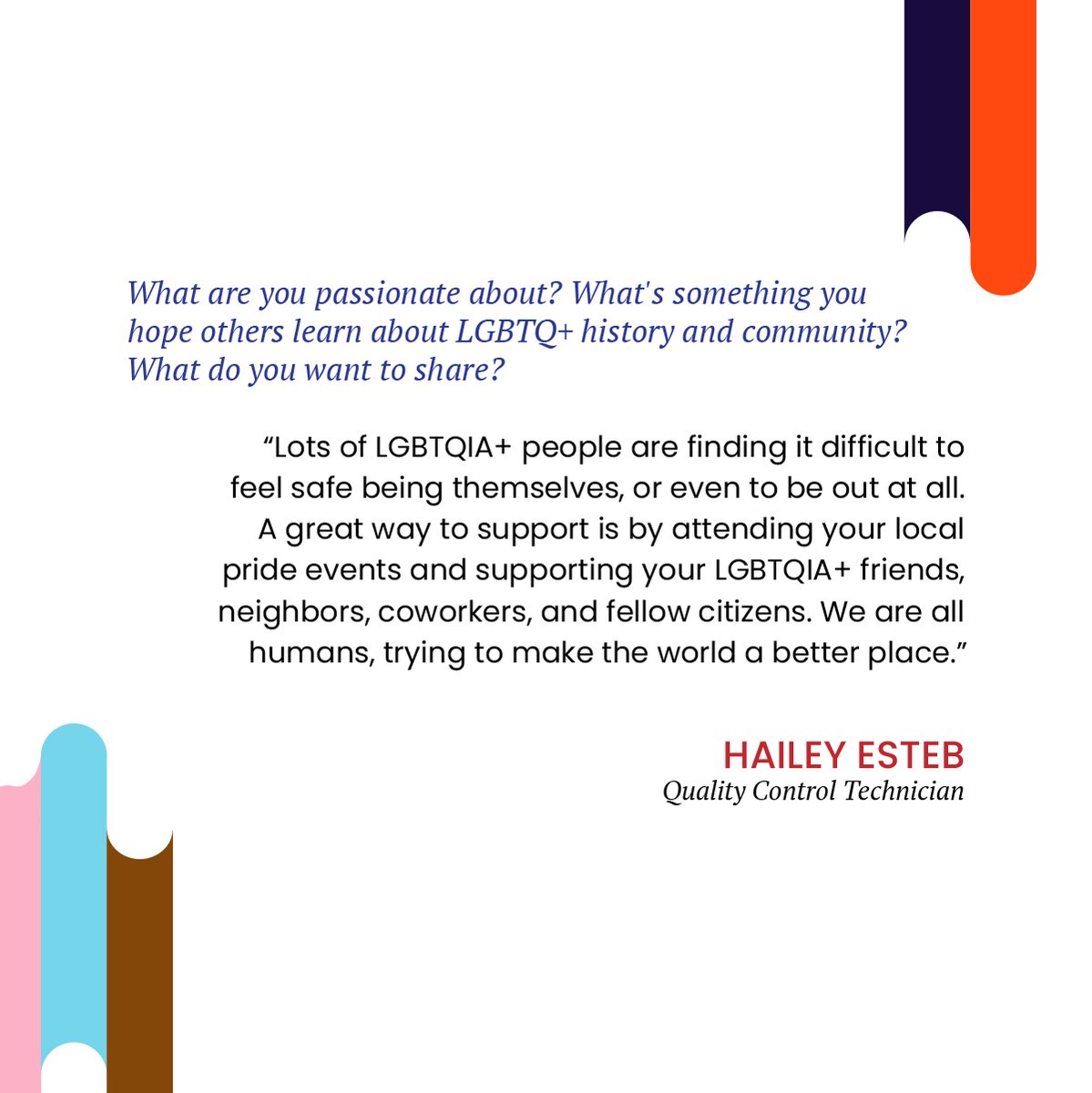 In celebration of #PrideMonth, we’re proud to spotlight Hailey Esteb, Quality Control Technician at AHEAD! 🌈 
 
Hailey shares what Pride means to her and how we can all take meaningful steps to support the LGBTQ+ community—today and every day.
 
#PrideAtAHEAD #LifeAtAHEAD