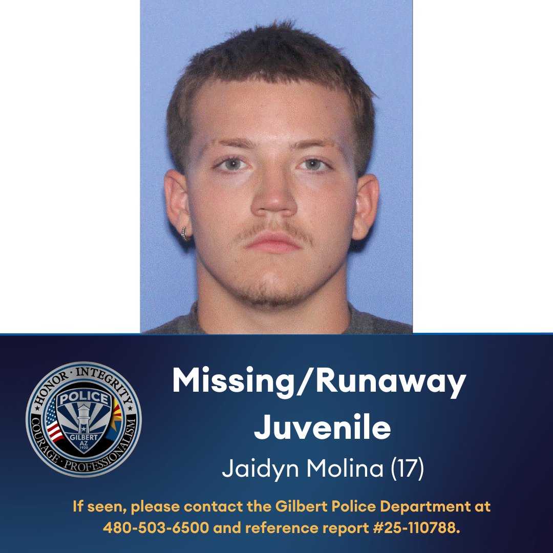 17-year-old Jaidyn Molina was last seen around 2:30 PM on June 21, 2025, near Power and Germann Roads in Gilbert. 

Jaidyn is believed to have left his home on foot. He is  5'8, 186 pounds, and was last seen wearing a black t-shirt, red shorts, and a black backpack.