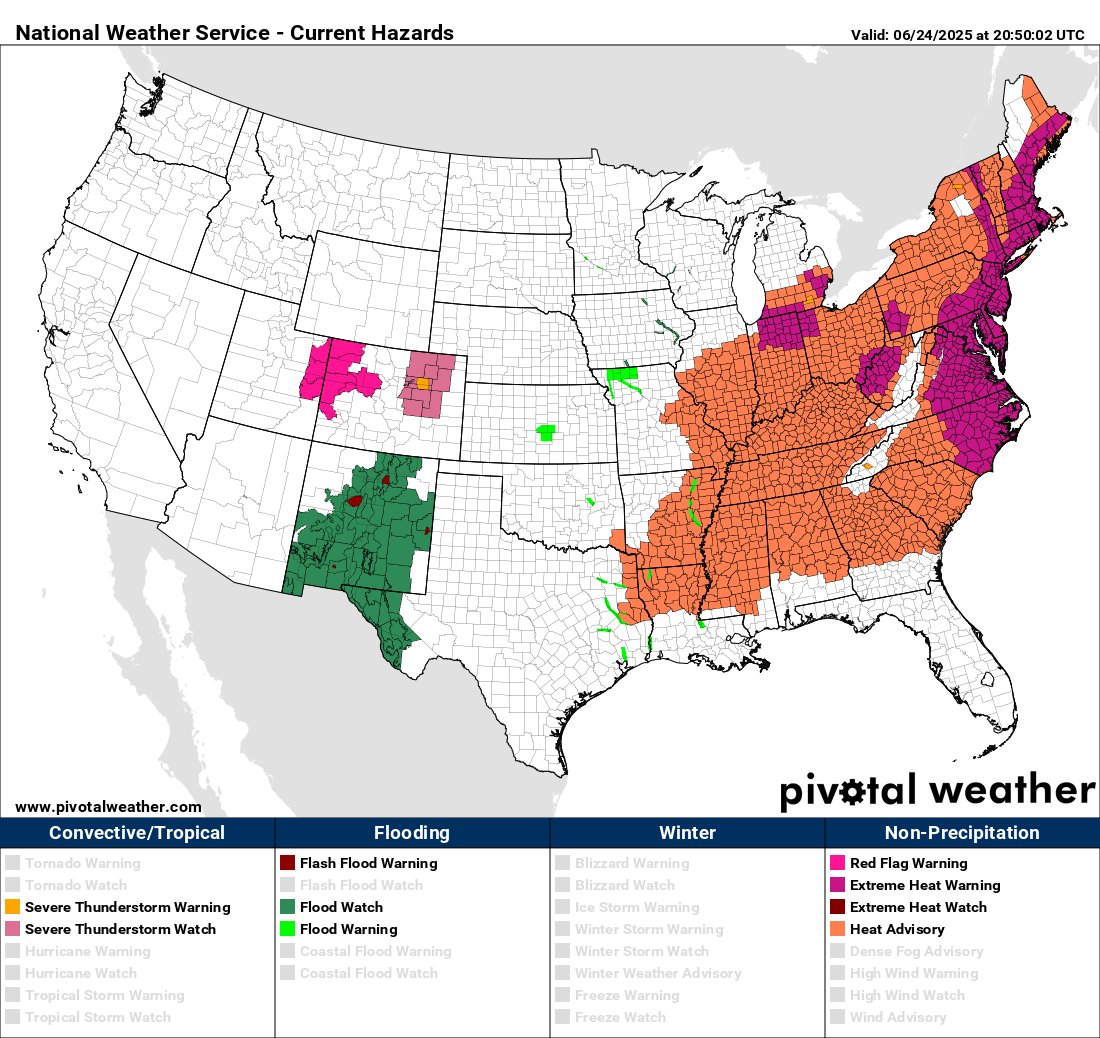 climateguyw's tweet photo. On 6/24 #HeatwaveShell ramped up to a historic CAT4. Heat warnings were expanded across the mid-Atlantic area. Shell got pegged as a CAT4 mainly because dozens of all-time high minimums have been recorded. For a list see: https://t.co/VEtGVfAUGc /@extremetemps @olliemilman https://t.co/g5yoLUCtlt