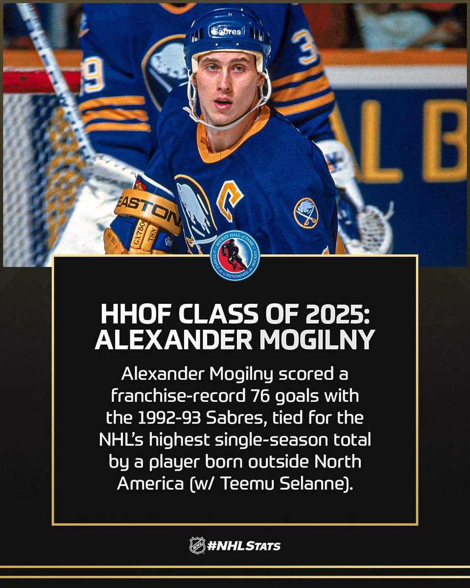 NHLPR's tweet photo. Alexander Mogilny burst onto the NHL scene with the @BuffaloSabres and went on to win a #StanleyCup as a member of the @NJDevils in 2000. #HHOF2025

#NHLStats: https://t.co/a4kvhcWMdO https://t.co/SpfT8JLji1