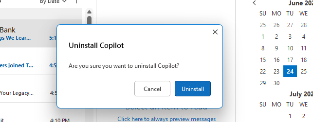 Attempt #7 to uninstall Microsoft's third-rate Chat GPT from Office.  We'll see how long it stays off the navigation.

<a href="/Microsoft/">Microsoft</a> please take the hint - no one wants your shitty BingAI. Stop pushing this garbage on your paying customers.