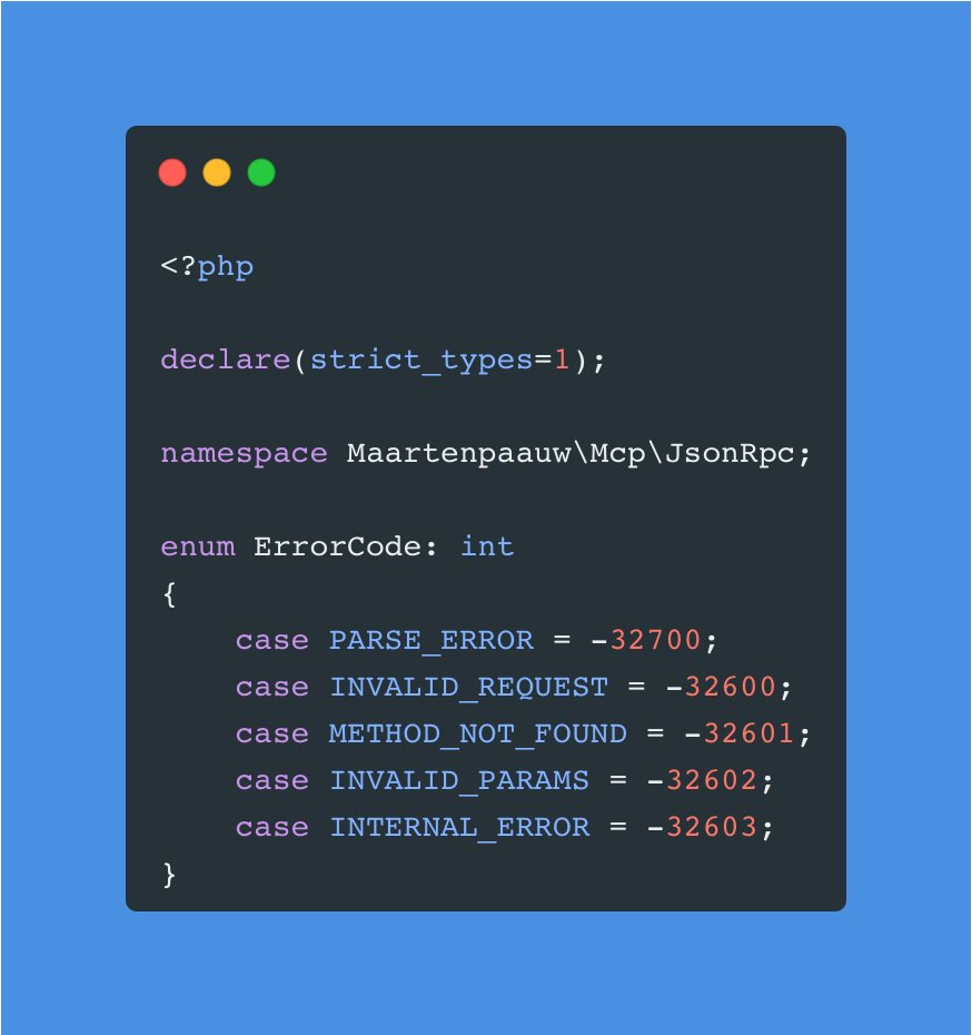 maartenpaauw's tweet image. Fun discovery while mapping JSON-RPC error codes to PHP enums: you can use negative integers as values in integer backed enums! Did you know this was possible?
#php #mcp
