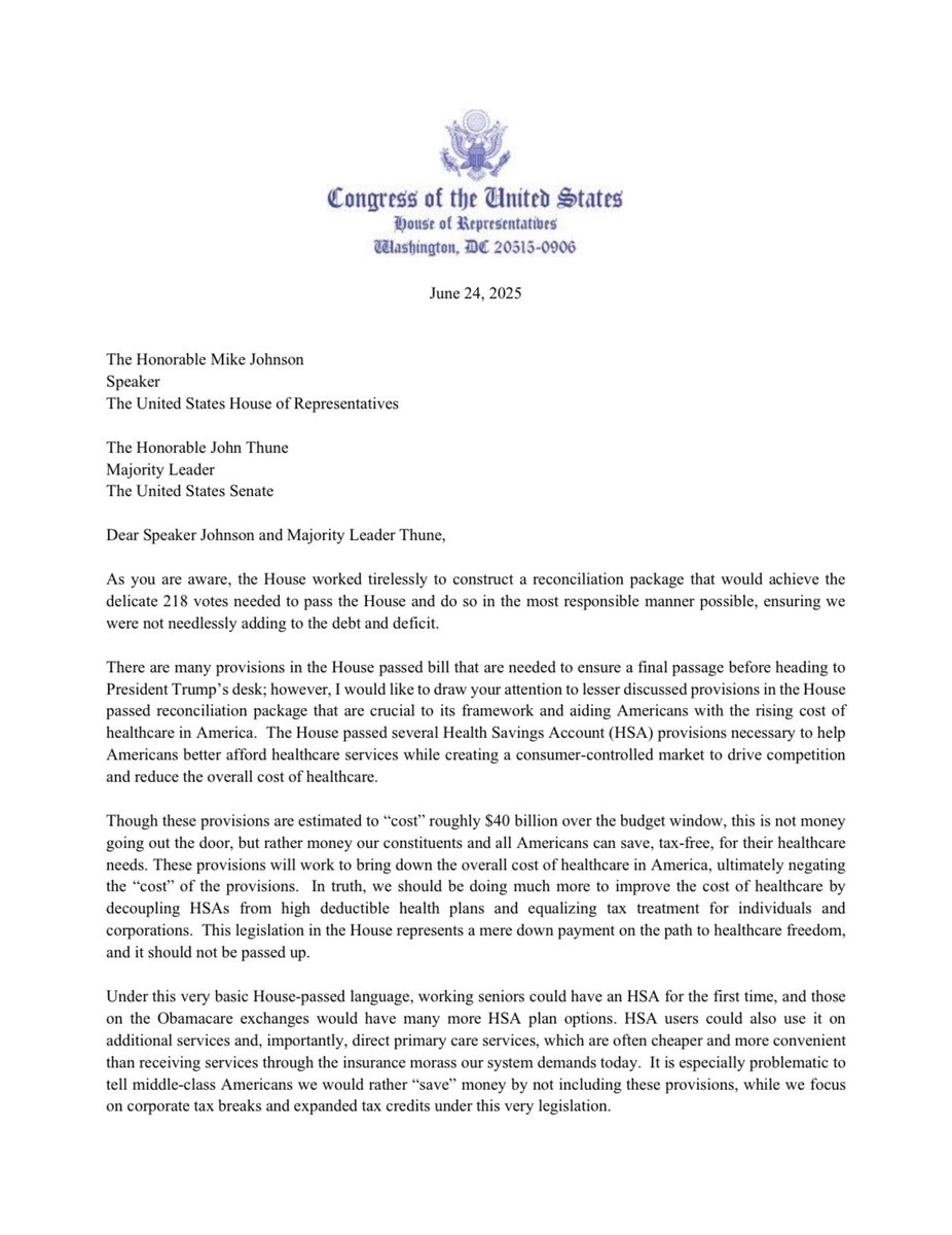 RepChipRoy's tweet photo. 🚨NEW: Rep. Roy sent a letter along with 23 other House colleagues to Speaker Johnson and Majority Leader Thune urging them to reinstate the HSA provisions from the House-passed “The One Big Beautiful Bill Act” (OBBBA) that were omitted from the Senate. https://t.co/Gvg6a10cVp