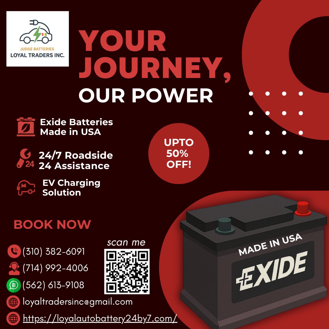 LoyalTradersinc's tweet image. 🔋 Dead battery? Loyal Traders Inc. brings power to your location — fast and reliable!
We offer lithium batteries, 24/7 roadside help, free 7-mile delivery, and up to 50% off.
Stay charged, wherever you are!
📞 (714) 992-4006
#BatteryExperts #StayPowered