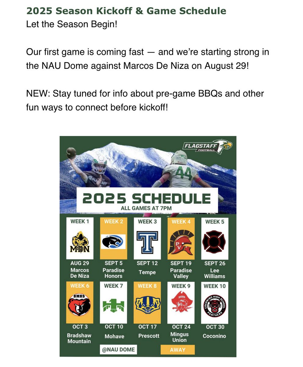 FlagstaffEagles's tweet photo. Our latest #FHSFootball newsletter just dropped โ and hereโs a sneak peek!
https://t.co/4GktuaOJHd
๐
Auction & Dinner on August 8
๐ Season opener in the NAU Dome
๐ฆ
New Alumni Facebook Group
๐ธ Instagram + social media links
โฆand more!
Get Tickets here: https://t.co/TOeErAhM38 https://t.co/FQ48Y1vrMx