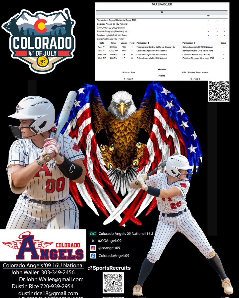 COAngels09's tweet photo. Colorado Angels 09 National schedule for next week for @COSparkFire . Pioneer Park 7/1, Lutz Park 7/2. Bracket 7/3. 

Time to shine!! 

@coloradoangels @sbsportsnetwork @TCSFastpitch @PrepSoftball https://t.co/8cd5uU0F4e