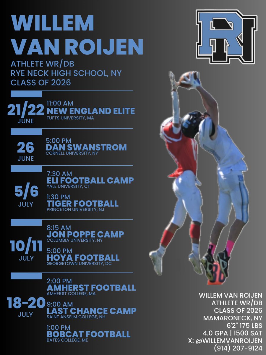 Willem van Roijen (@willemvanroijen) on Twitter photo Finally got a camp schedule finalized! Thanks to my parents and <a href="/Scout_DavidF/">College Scout</a> for helping me out, excited to meet coaches and see these campuses!
<a href="/coach_dees/">CoachAD</a> <a href="/CoachRenoYale/">Tony Reno</a> <a href="/CoachRosenbaum/">Mark Rosenbaum</a> <a href="/SVerbit/">Stephen Verbit</a> <a href="/CoachRSpence/">Robert Spence</a> <a href="/CoachYoung5/">Antonio Young</a> <a href="/CoachKenMaxwell/">Coach Maxwell</a> <a href="/Coach_Bick/">Joe Bick</a> <a href="/Coach_Suta/">Kyle Suta</a> <a href="/hopwood_rj/">RJ Hopwood</a> Finally got a camp schedule finalized! Thanks to my parents and <a href="/Scout_DavidF/">College Scout</a> for helping me out, excited to meet coaches and see these campuses!
<a href="/coach_dees/">CoachAD</a> <a href="/CoachRenoYale/">Tony Reno</a> <a href="/CoachRosenbaum/">Mark Rosenbaum</a> <a href="/SVerbit/">Stephen Verbit</a> <a href="/CoachRSpence/">Robert Spence</a> <a href="/CoachYoung5/">Antonio Young</a> <a href="/CoachKenMaxwell/">Coach Maxwell</a> <a href="/Coach_Bick/">Joe Bick</a> <a href="/Coach_Suta/">Kyle Suta</a> <a href="/hopwood_rj/">RJ Hopwood</a>