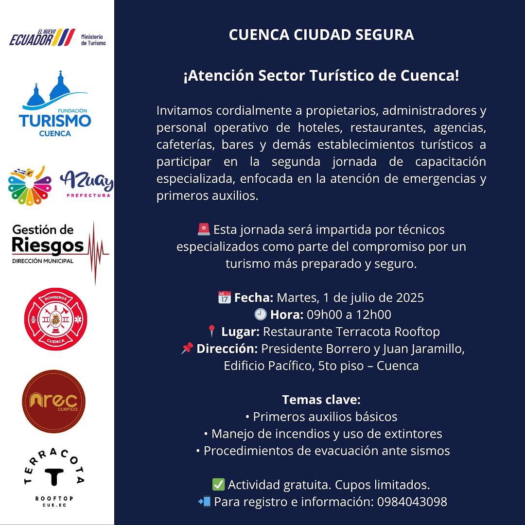 ARECCuenca (@abre_cuenca) on Twitter photo 🔺 ¡Atención turismo Cuenca!
Capacitación gratuita en primeros auxilios y actuación ante emergencias
📅 1 julio | 🕘 09h00
📍 Restaurante Terracota Rooftop
📲 Regístrate: bit.ly/3VcYqYk
#CuencaCiudadSegura #TurismoResponsable
<a href="/czamoramatute/">Cristian Zamora M</a> <a href="/jotalloretv/">Jota Lloret Valdivieso</a> 🔺 ¡Atención turismo Cuenca!
Capacitación gratuita en primeros auxilios y actuación ante emergencias
📅 1 julio | 🕘 09h00
📍 Restaurante Terracota Rooftop
📲 Regístrate: bit.ly/3VcYqYk
#CuencaCiudadSegura #TurismoResponsable
<a href="/czamoramatute/">Cristian Zamora M</a> <a href="/jotalloretv/">Jota Lloret Valdivieso</a>