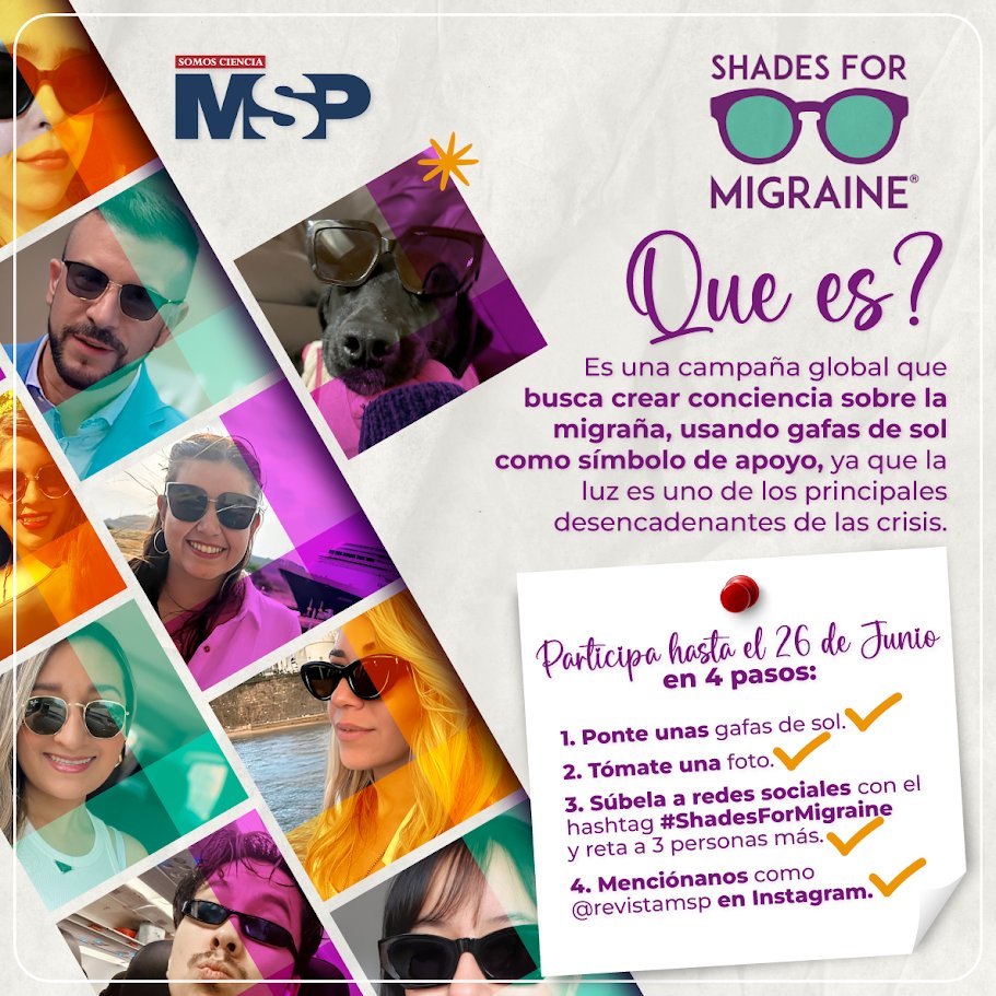 #MSPNeurología 🕶️ La luz puede ser uno de los principales detonantes de las crisis de migraña, por eso desde la Revista MSP nos unimos a la campaña global #ShadesForMigraine, que busca crear conciencia sobre esta condición usando gafas de sol como símbolo de apoyo.