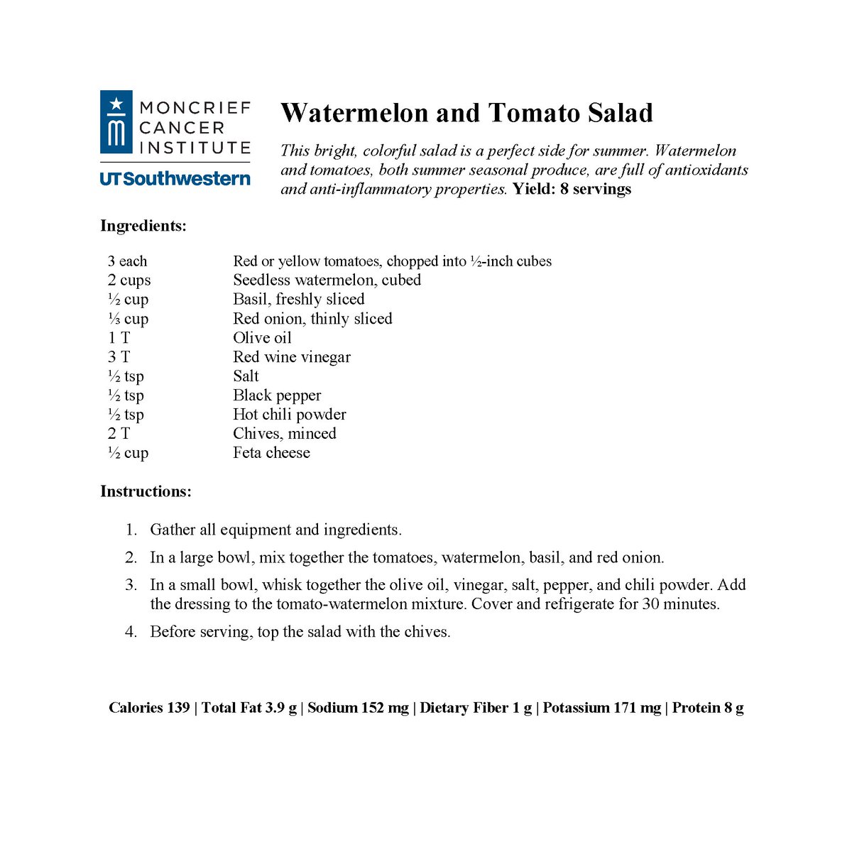 MoncriefCancer's tweet image. Watermelons are full of vitamins A and C as well as potassium and magnesium. Eating watermelon is also a great way to stay hydrated. This simple, delicious, and nutritious salad recipe is the perfect summer side dish. #NationalWatermelonMonth #WellnessWednesday