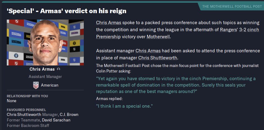 Shuttsapalooza's tweet photo. In a class bit of FM logic, I sent my assistant to do the press conference after we won the league and he’s completely lost the run of himself https://t.co/hfmKcnyuZF