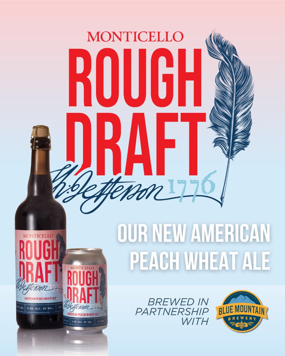 TJMonticello's tweet image. Introducing Rough Draft, our new peach wheat ale brewed in collaboration with @bluemtnbrewery, featuring Monticello peaches! 🍑🍺
Debuts this Sat at Feast of Reason @ South Street Brewery — first 50 guests get a FREE limited-edition weizen glass!
Monticello.org/Feast