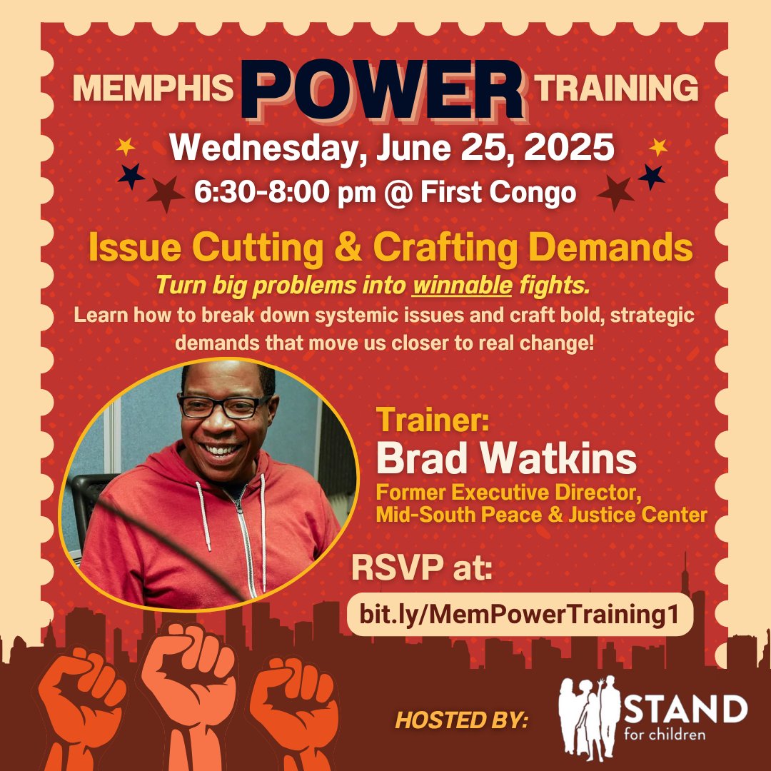 The Council and Commission fell short, but we won't give up. Join us for the first Memphis Power Training with Brad Watkins to grow the strategy, skills, and collective power it takes to win real investments in our people and communities.

RSVP Today! bit.ly/MemPowerTraini…
