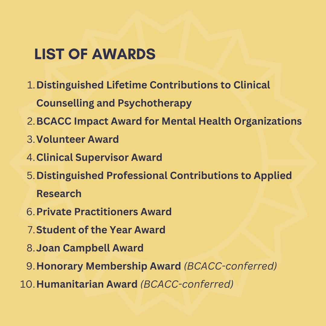 bccounsellors's tweet image. The #BCACC Awards are here! Through these awards, we honour outstanding contributions in clinical counselling and psychotherapy.
More information and link to apply here - lnkd.in/giuQsQkN
#MentalHealth