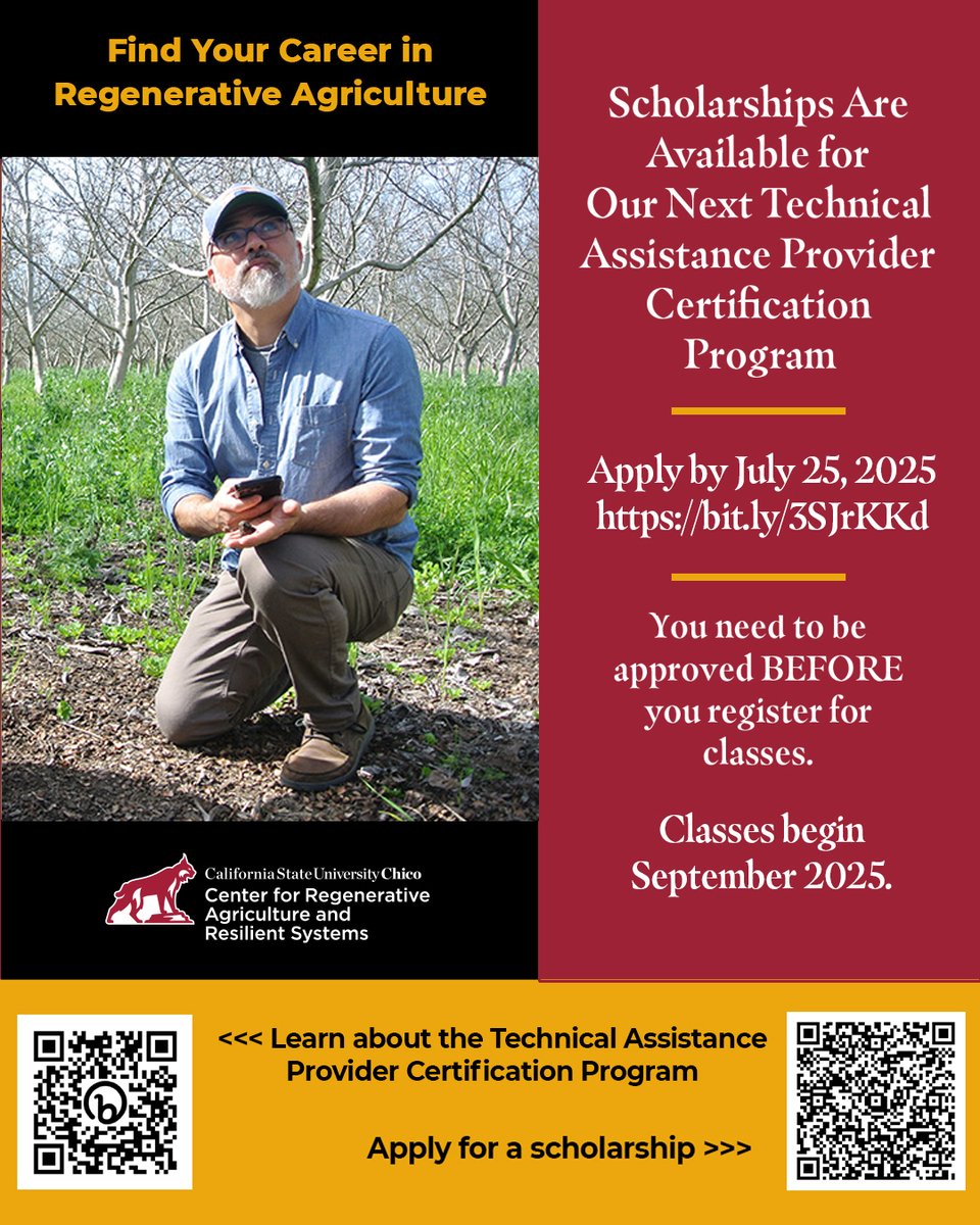We have scholarships available for our online Technical Assistance Provider Certification Program.
Apply by July 25.
bit.ly/3SJrKKd

#CRARS #RegenerativeFarming #regenerativeagriculture #soilhealth #chicostate #technicalassistance #conservation #sustainability