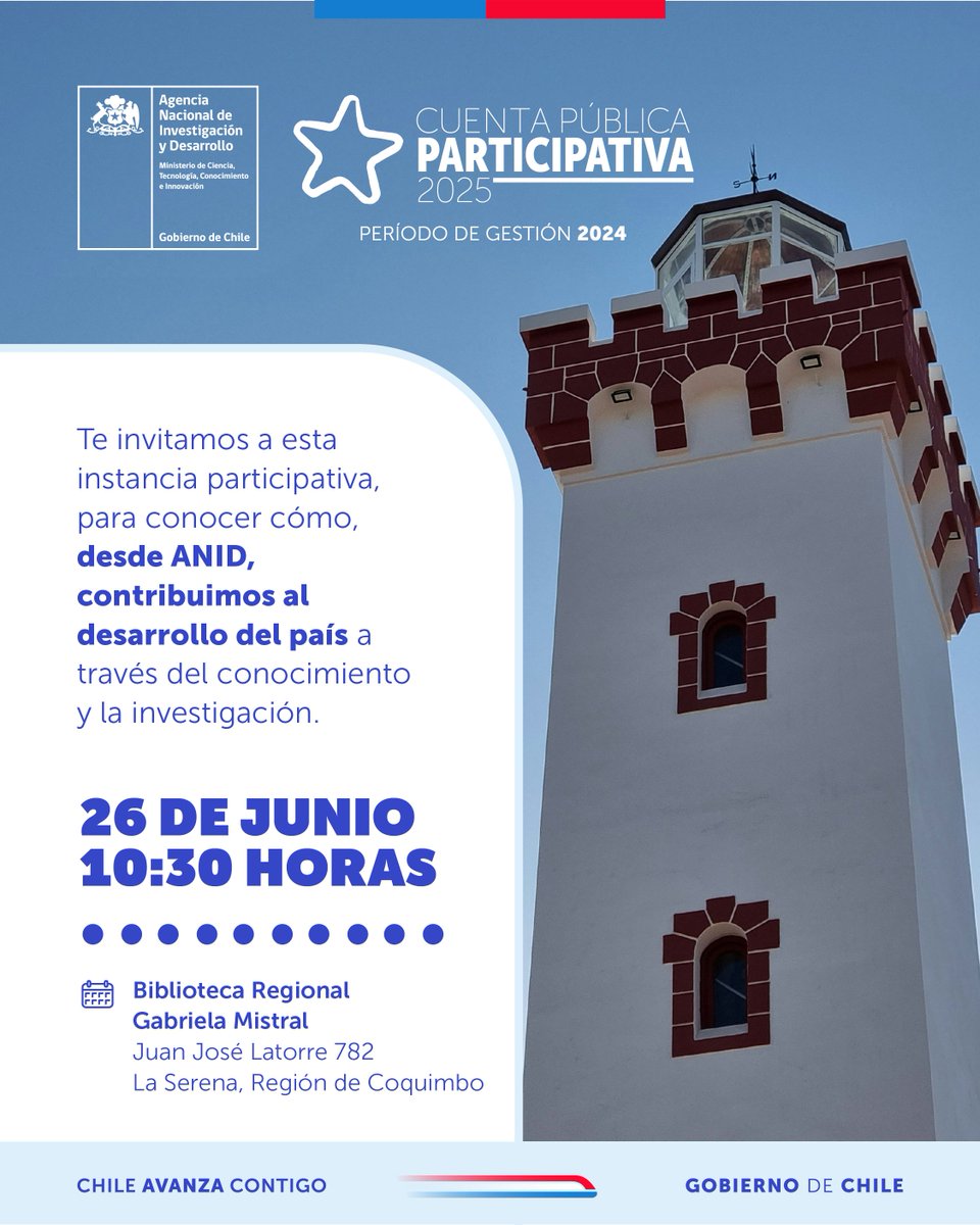 Invitamos a la comunidad de investigación e innovación de la Región de Coquimbo a ser parte de la Cuenta Pública 2025 de ANID Chile. Una instancia de rendición anual abierta y participativa, donde compartiremos los avances, desafíos y compromisos de nuestra gestión 2024.

📍Les