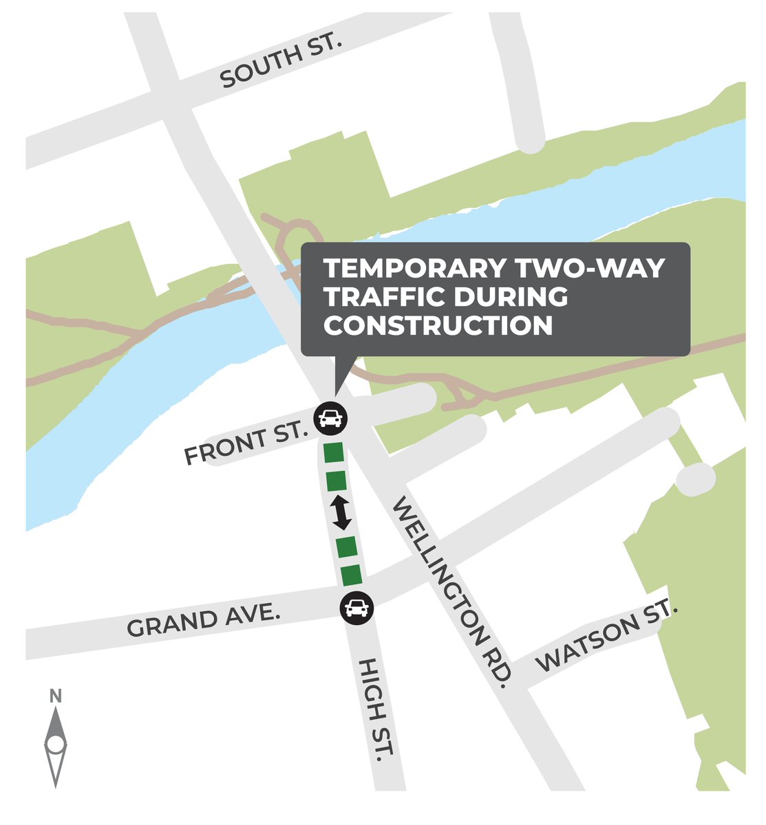 🚧 Starting Tuesday, June 24, traffic on Wellington (South St to Watson St) will shift to the east side for construction. To support the change, High St (Wellington to Grand) will become temporarily two-way. More info: bit.ly/4niArsS