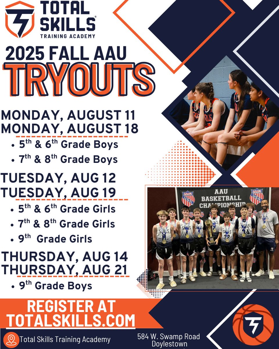 Fall 2025 AAU Tryouts Are Now Open! Join a program that builds athletes &amp; leaders, and prepares them to compete at the next level. Players must attend at least 1 tryout to be considered but are encouraged to attend both for full eval! Register today at totalskills.com!