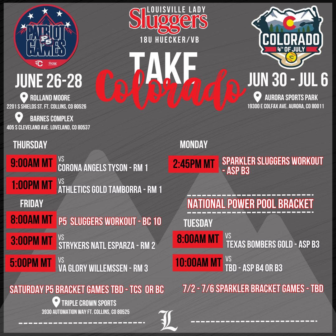 Here is our schedule for Colorado!! Can’t wait to be back on the field!!!! 
<a href="/SluggersHuecker/">Lady Sluggers 18</a> <a href="/AshVanBoxmeer4/">Ashley VanBoxmeer</a> <a href="/AndyPaalhar/">🚨COACH 🅰️ndy 🅿️aalhar</a> <a href="/LadySluggersOrg/">Louisville Lady Sluggers</a> <a href="/sluggerFP/">Louisville Fastpitch</a> <a href="/kcroossb/">Kansas City Softball</a>