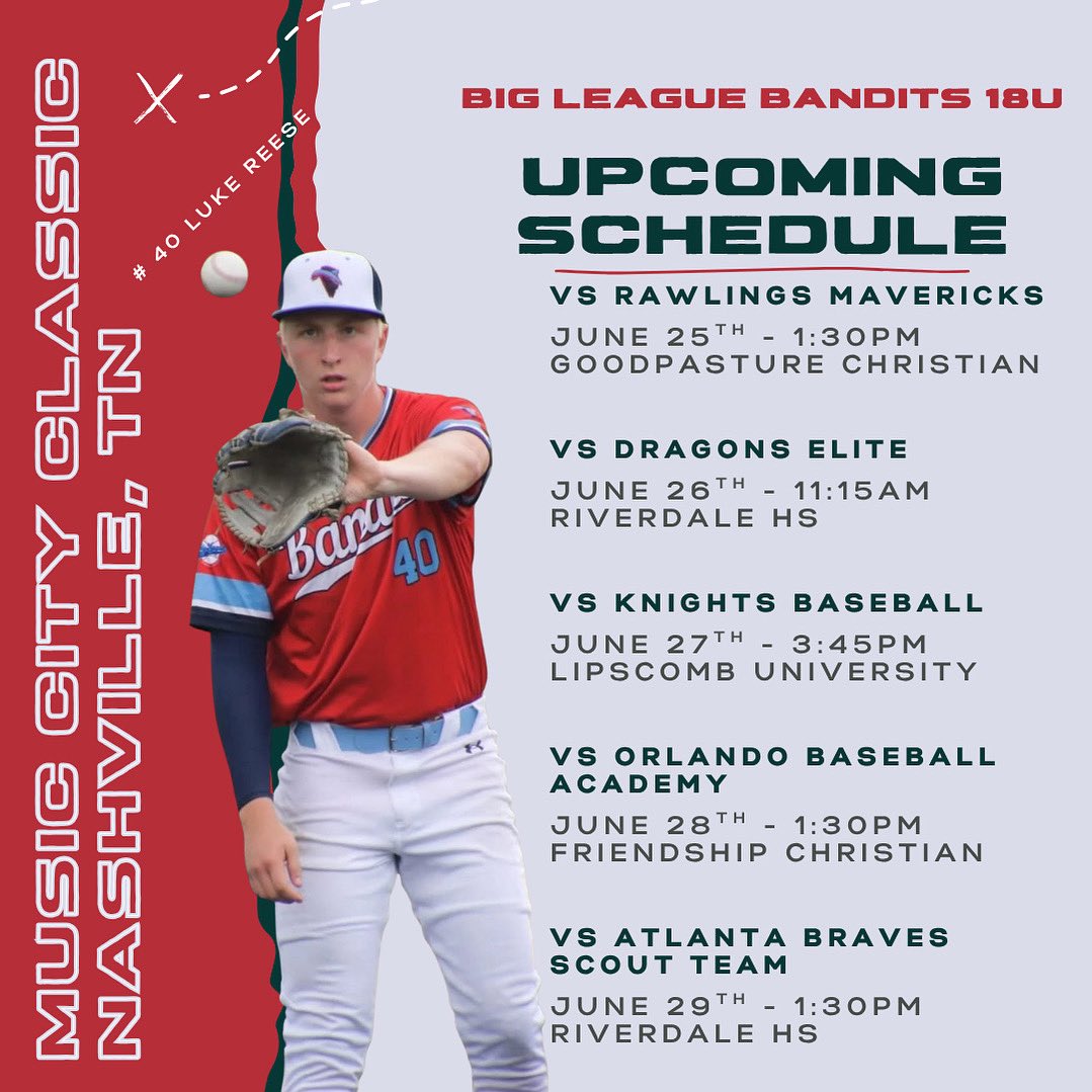 BLBS_Bandits's tweet image. Big week for the 18U Bandits as they head to Nashville for the Music City Classic!
