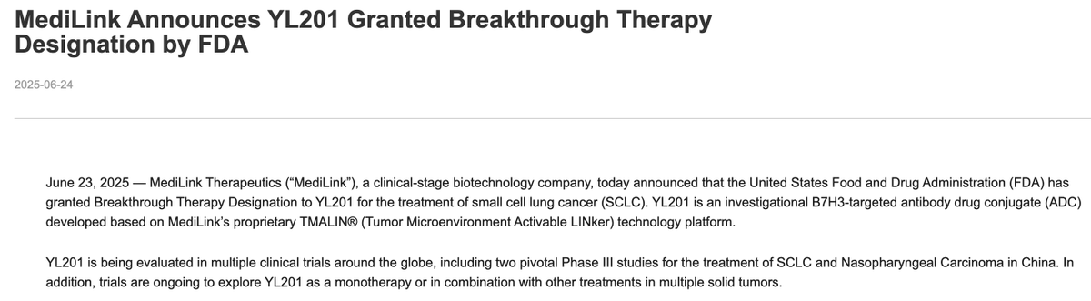 FDA grants breakthrough designation to YL201 for #SCLC. YL201 is a B7-H3 directed ADC with a proprietary topoisomerase-1 inhibitor payload. Looking forward to more data from the ongoing trials.

medilinkthera.com/news-details/48