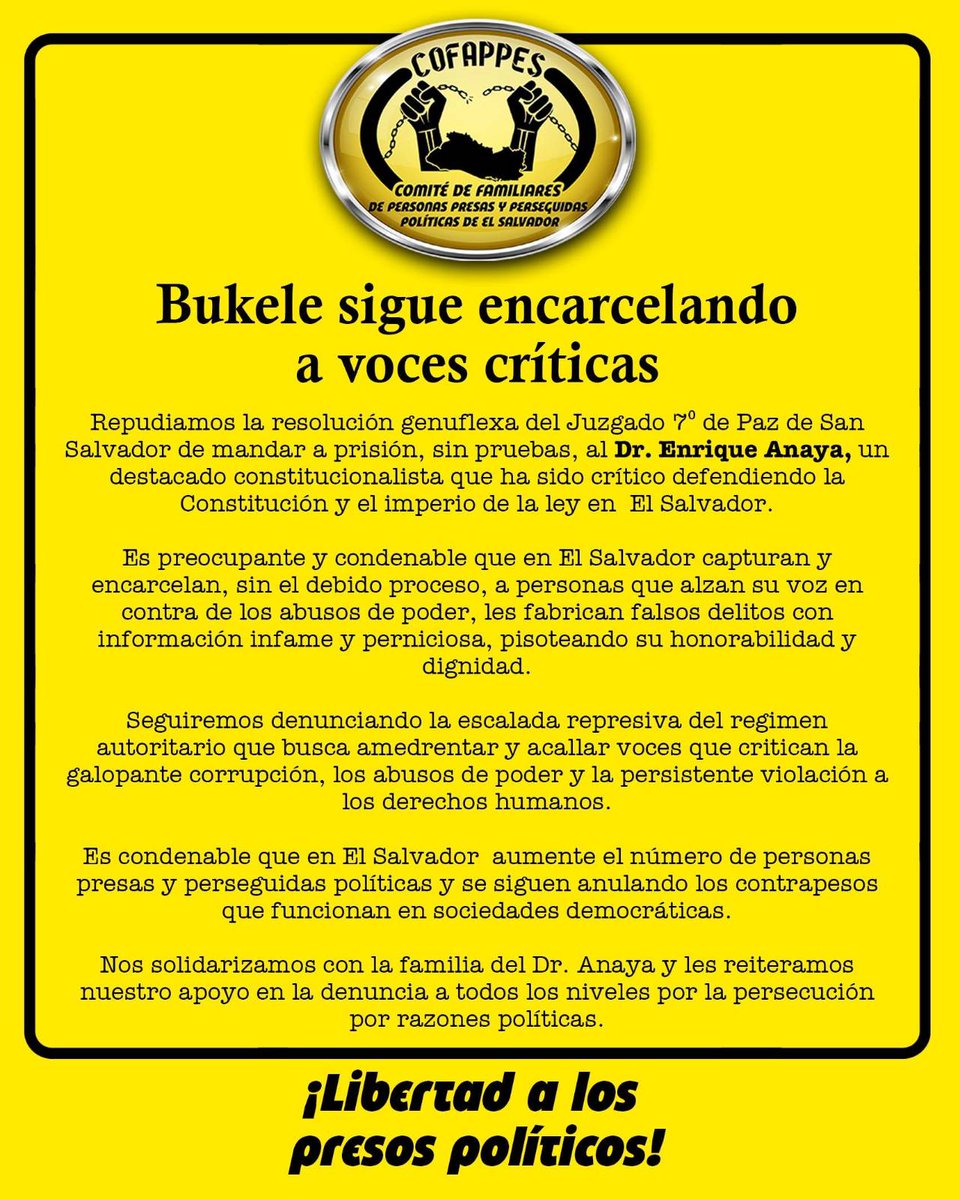 📢 Condenamos la resolución de los tribunales que mandan a prisión "provisional " al abogado constitucionalista, Dr. Enrique Anaya. 

#LibertadParaLosPresosPoliticos