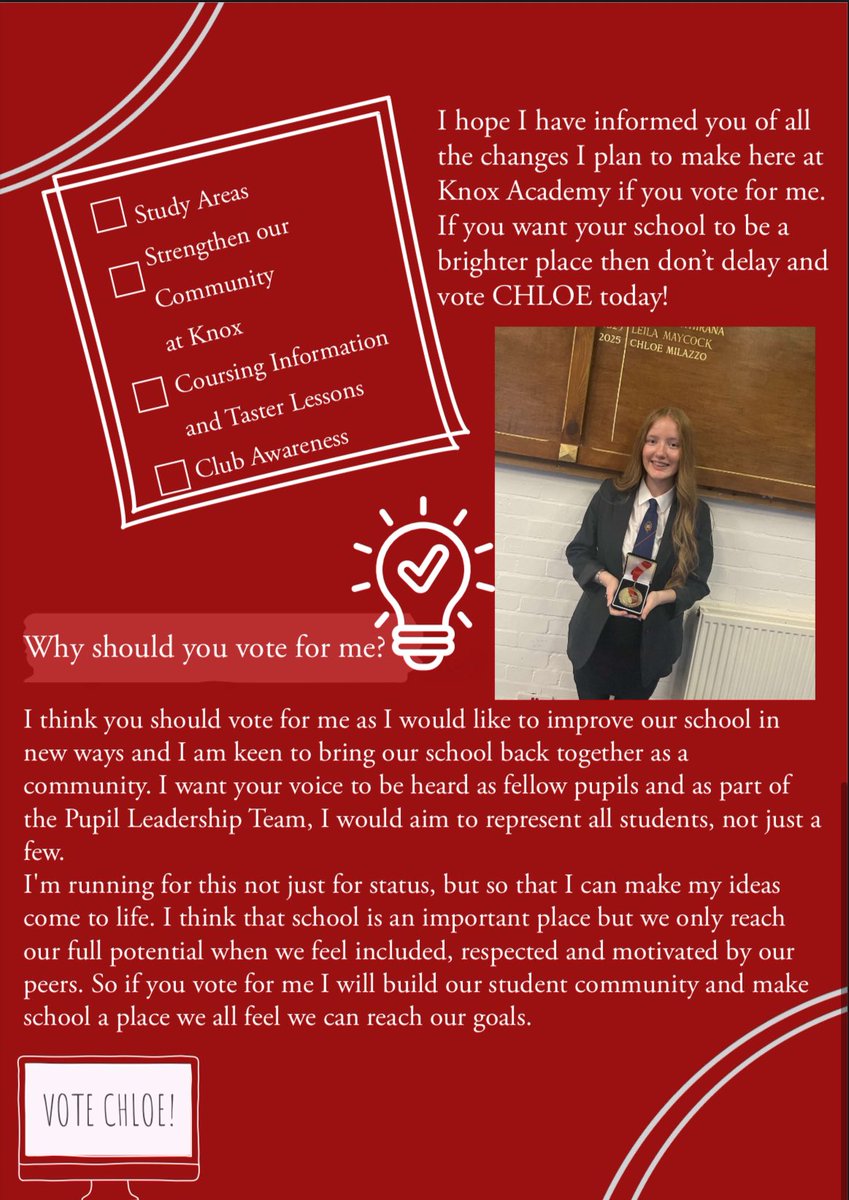 Knox Leadership Elections (@knoxelections) on Twitter photo I aim to make school a place where we’re all capable of reaching our goals, whether that is academically or through extracurriculars and bring back our sense of community 👩🏼🤝👩🏻🏫
Well it’s almost time⌛️….
Check out my manifesto one last time!
#VOTE4CHLOE <a href="/knoxacademy/">Knox Academy</a> I aim to make school a place where we’re all capable of reaching our goals, whether that is academically or through extracurriculars and bring back our sense of community 👩🏼🤝👩🏻🏫
Well it’s almost time⌛️….
Check out my manifesto one last time!
#VOTE4CHLOE <a href="/knoxacademy/">Knox Academy</a>