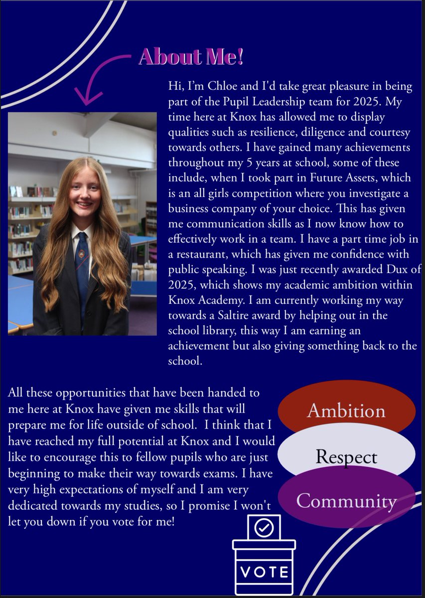 KnoxElections's tweet photo. I aim to make school a place where we’re all capable of reaching our goals, whether that is academically or through extracurriculars and bring back our sense of community 👩🏼‍🤝‍👩🏻🏫

Well it’s almost time⌛️…. 
Check out my manifesto one last time!
#VOTE4CHLOE @knoxacademy https://t.co/erE1a2t5Ix