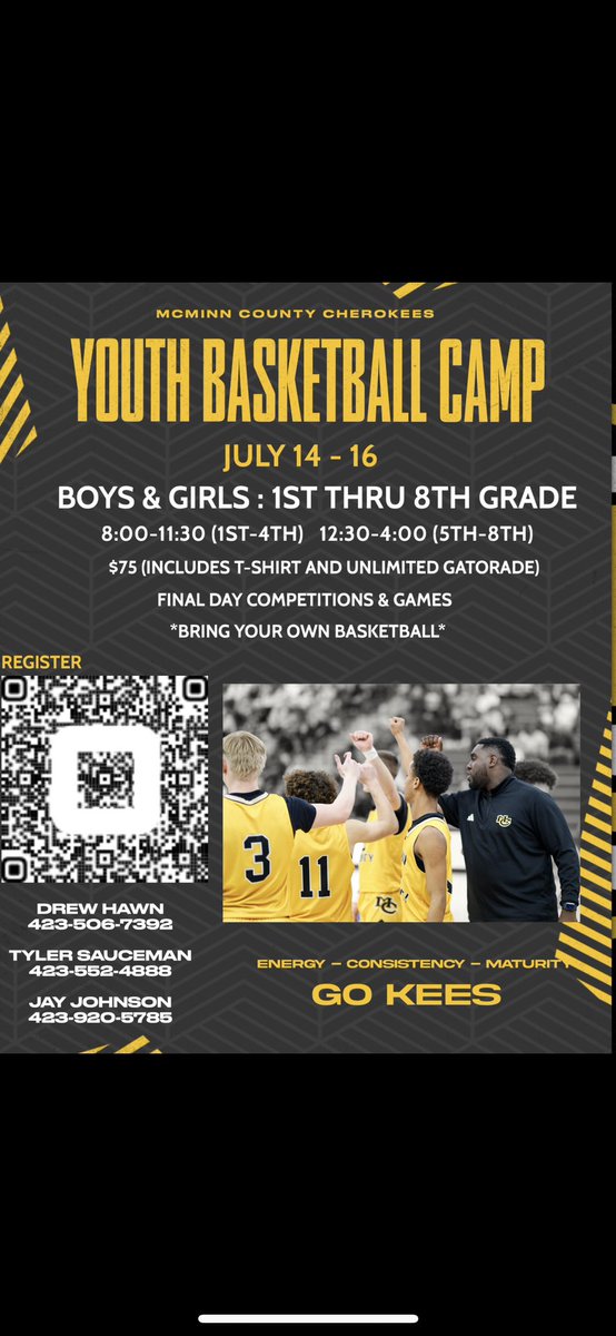 McMinn County Basketball (@keesbasketball) on Twitter photo Young hoopers come join us for 3 days of fun on the hardwood, improve your game, and have a lot of fun!!! Register thru QR code on flyer or by contacting one of our coaches. #keesbasketball <a href="/DrewCookIII/">Drew Cook</a> <a href="/JBoggsMulti/">Josh Boggess</a> <a href="/DPAGabeGarcia/">Gabriel Garcia</a> <a href="/mcminnathletics/">McMinn High School Athletics</a> Young hoopers come join us for 3 days of fun on the hardwood, improve your game, and have a lot of fun!!! Register thru QR code on flyer or by contacting one of our coaches. #keesbasketball <a href="/DrewCookIII/">Drew Cook</a> <a href="/JBoggsMulti/">Josh Boggess</a> <a href="/DPAGabeGarcia/">Gabriel Garcia</a> <a href="/mcminnathletics/">McMinn High School Athletics</a>