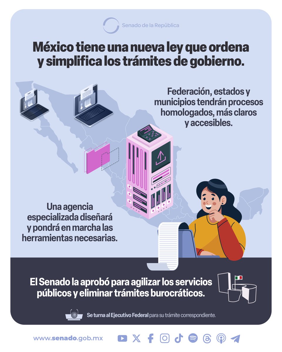 📌 El Senado aprobó crear la Ley Nacional para Eliminar Trámites Burocráticos, con el fin de agilizar procesos administrativos y digitalizar servicios públicos en los tres órdenes de gobierno. 💻✅📄