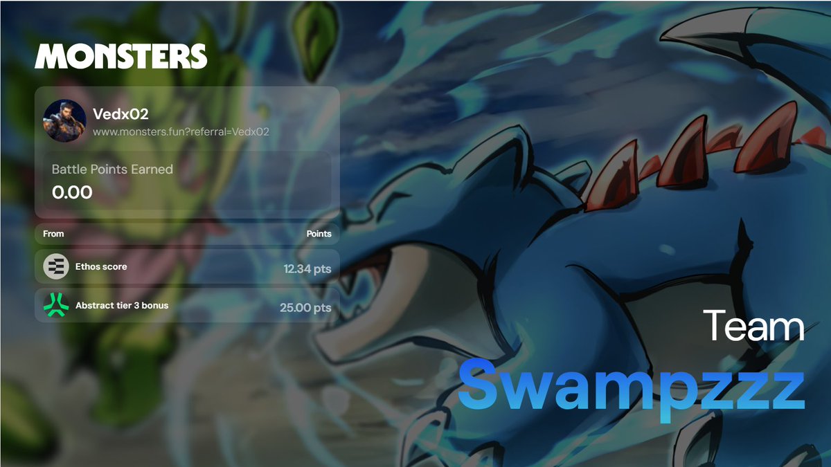 Train, battle and earn with AI-powered monsters on @Monstersdotfun.

Battle Points claim is live and I'm stacking points in real-time.

Claim yours and use my link for bonus points -> monsters.fun/?referral=Vedx…