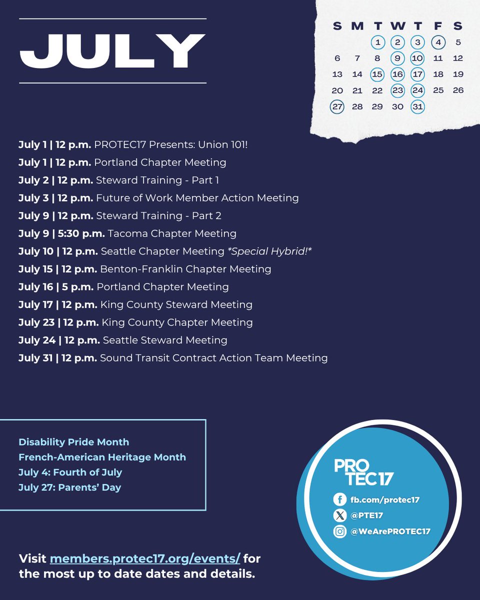PTE17's tweet image. We are so back! πβοΈ The PNW summer is here and so is #SolidaritySummer! Checkout this month's list of PROTEC17 union trainings and meetings. Hope to see you soon! π #HotUnionSummer