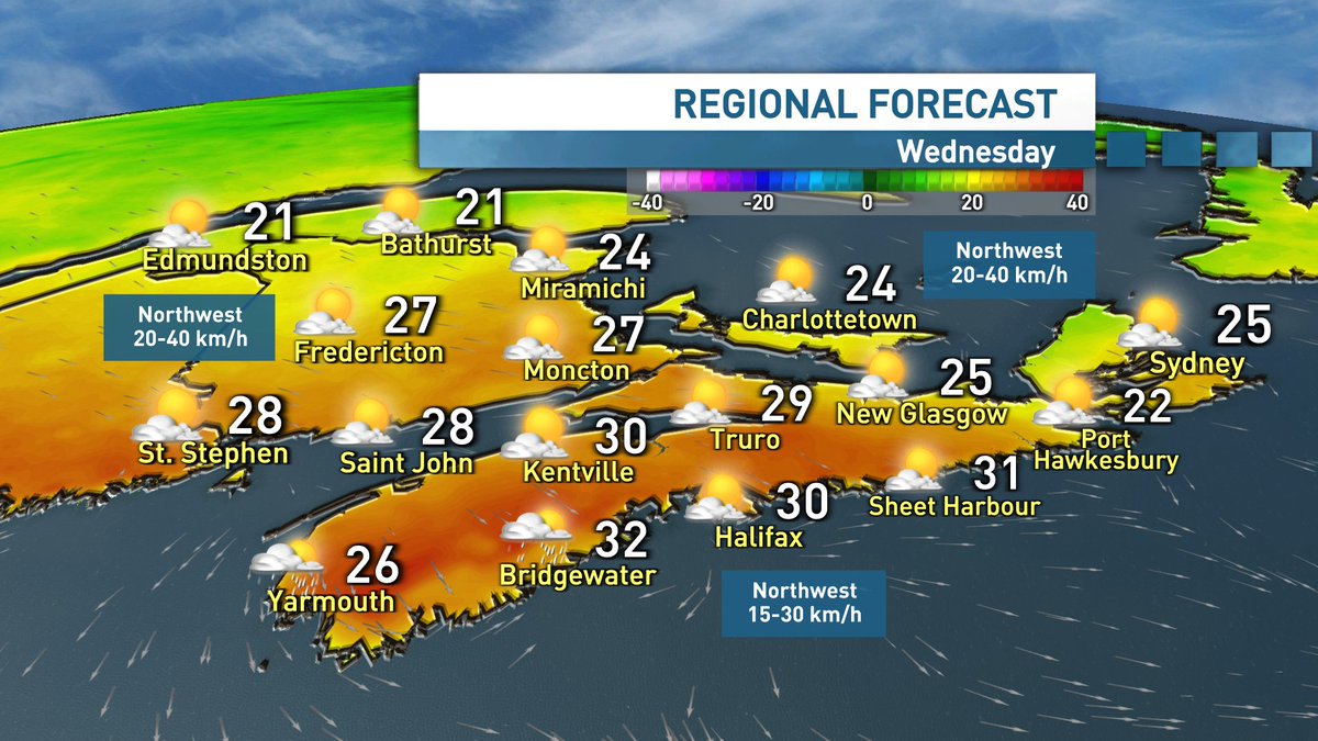 ryansnoddon's tweet image. A muggy and uncomfortable night ahead in the Maritimes.
Wednesday will be another warm/hot one for most, however dew points will be falling and the humidity dropping throughout the day as northerly winds usher in a drier air mass.
Noticeable difference by Wednesday evening.
