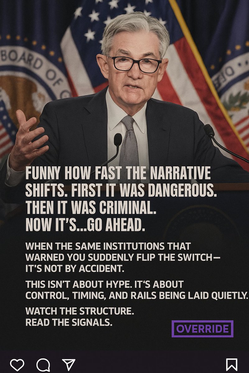 overrideExe's tweet image. They said it was dangerous.
Now Powell says banks are free to use crypto. That’s not adoption.
That’s absorption.
You weren’t wrong.
You were early.
🟪 Track the rails. Not the headlines.
#OverrideProtocol #BTC #XRP