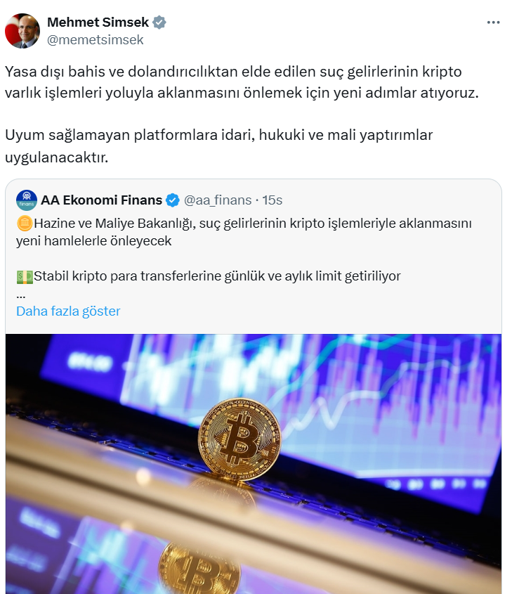 📌 Hazine ve Maliye Bakanı Mehmet Şimşek’in son açıklamaları, Kripto Varlık sektöründe kapsamlı yeni bir düzenlemenin yolda olduğunu gösteriyor.

➕ Gelmesi Beklenen Yeni Düzenlemeler ve Yorumlarım Şu Şekilde:

 🔹 Stabil kripto paralara günlük 3.000$, aylık 50.000$ transfer