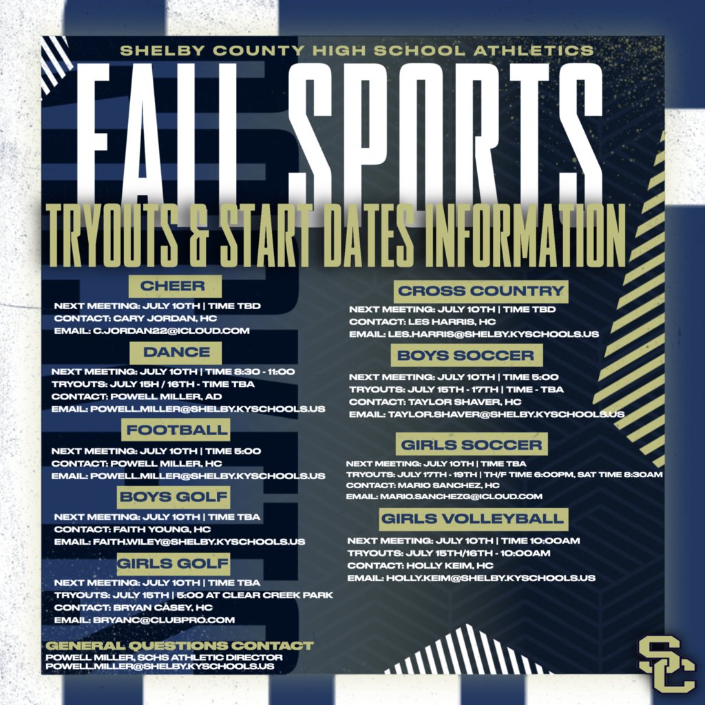 SCHS Rockets (@rocketprincipal) on Twitter photo π£ SCHS FALL SPORTS ARE HERE! π Ready to represent the Rockets? π₯ Check tryout dates & meetings for all fall sports. π₯ Dates varyβcheck your sport! Questions? Contact Powell Miller: powell.miller@shelby.kyschools.us ππ #SCHSRockets #RocketsGoBeyond #SCHSAthletics π£ SCHS FALL SPORTS ARE HERE! π Ready to represent the Rockets? π₯ Check tryout dates & meetings for all fall sports. π₯ Dates varyβcheck your sport! Questions? Contact Powell Miller: powell.miller@shelby.kyschools.us ππ #SCHSRockets #RocketsGoBeyond #SCHSAthletics