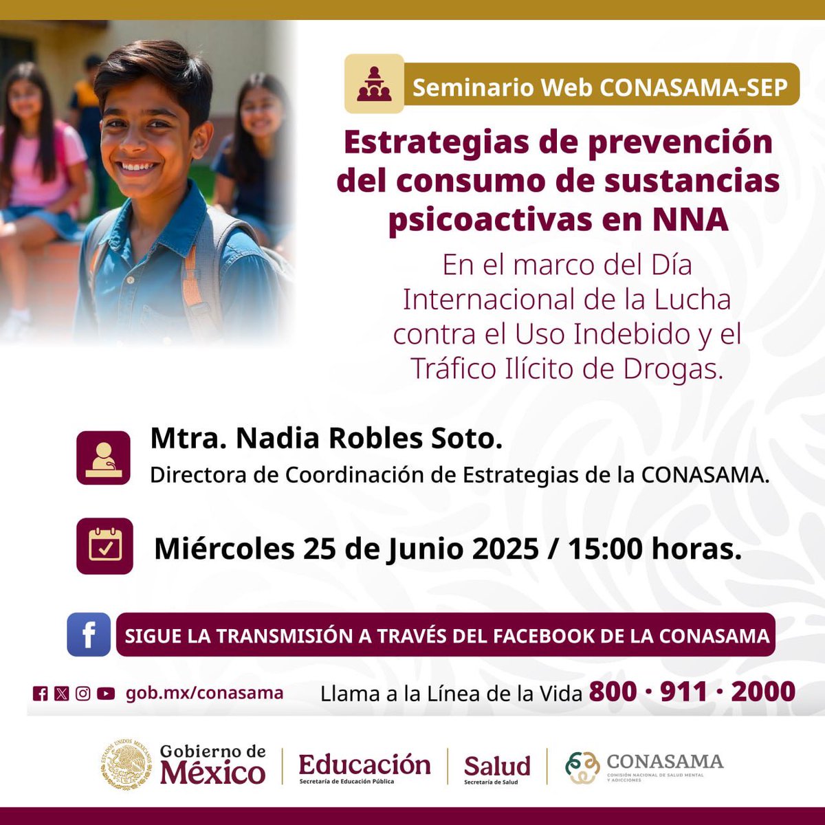 CONASAMA invita al seminario web “Estrategias de prevención del consumo de sustancias psicoactivas en NNA”, en el Marco del Día Internacional de la Lucha contra el Uso Indebido y el Tráfico Ilícito de Drogas.

📅 Miércoles 25 de junio 
⏰ 15:00 hrs. (tiempo de la CDMX)